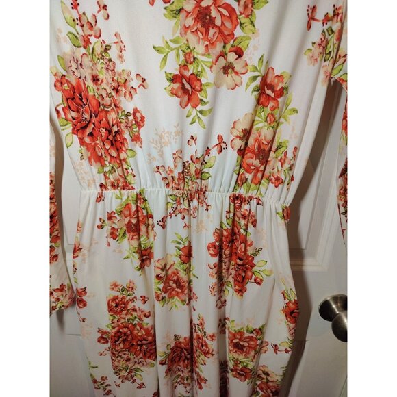 Reborn J Floral Red white Long-Sleeve Blouson Midi Dress W Pockets L - Picture 3 of 7